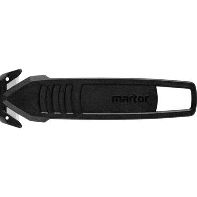 Ein schwarzes Sicherheitsmesser mit ergonomischem Griff und abgerundeter Schneide, auf der 'martor' steht.