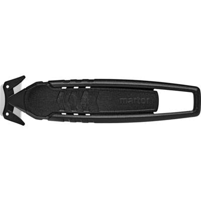 Ein schwarzer Sicherheitskartonmesser mit ergonomischem Griff und Klinge. Geeignet für das sichere Schneiden von Verpackungen.
