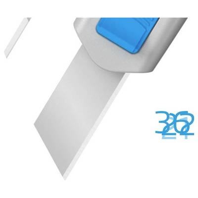 Langer Metalllineal mit blauer Skala auf grauem Hintergrund. Rechts unten sind verwischte blaue Zahlen '362'.