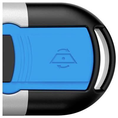 Ein blauer USB-Stick mit schwarzer und silberner Umrandung. Ein Recycling-Symbol ist in die Oberfläche eingraviert.
