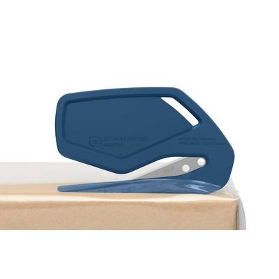 Blauer Sicherheitskartonschneider mit ergonomischem Griff, liegend auf einem Karton. Klinge ist zum sicheren Schneiden ausgelegt.