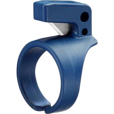 Blauer Kunststoff-Ring mit integriertem, diagonalen Klingenschlitz zum Aufschlitzen von Verpackungen.