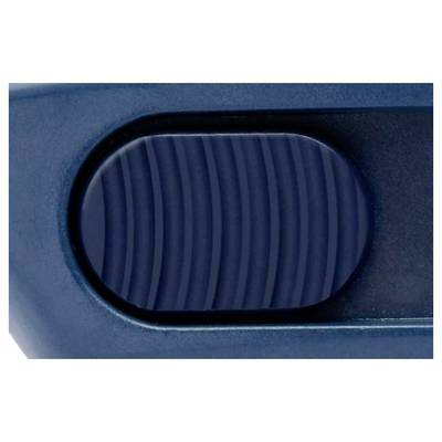 Ein blauer, gerippter Knopf auf einem Gerät.