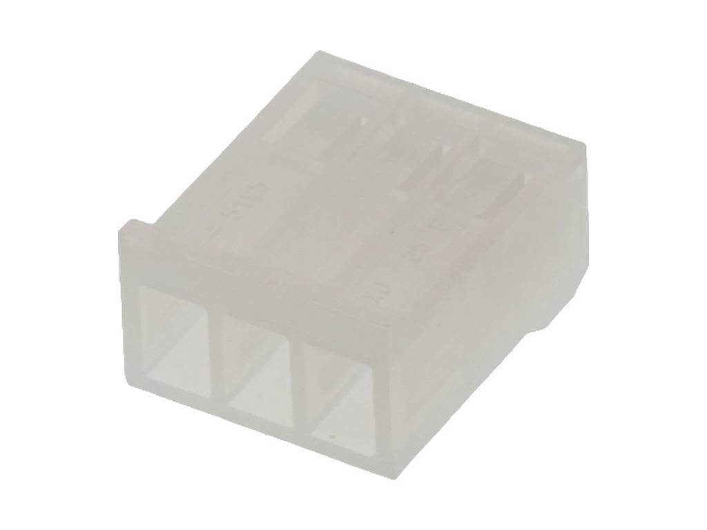 Ein weißer Kunststoff-Stecker mit drei Öffnungen, der in elektronischen Geräten zum Verbinden von Kabeln verwendet wird.