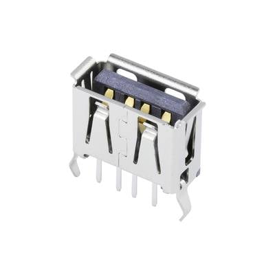 Ein USB-Stecker mit sechs goldenen Steckkontakten und vier verlötbaren Pins am Basisteil, geeignet für elektronische Verbindungen.