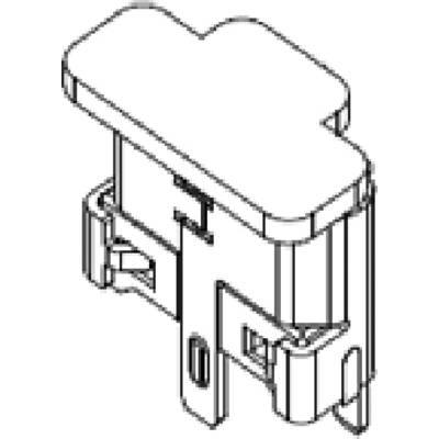 Schwarzweiß-Zeichnung eines rechteckigen Elektrobauteils mit hervorstehenden Klemmen und Anschlüssen, möglicherweise ein Schalter.