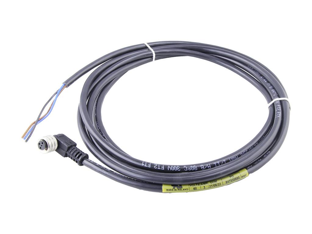 Das Bild zeigt ein langes schwarzes Kabel mit einem vierpoligen Stecker auf einer Seite.