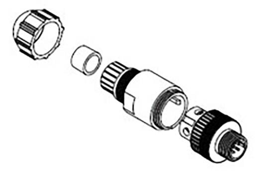 Explosionszeichnung eines Steckverbinders. Zeigt sechs Komponenten in der Reihenfolge ihrer Montage.