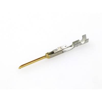 Ein metallischer Steckverbinder mit goldfarbener Beschichtung an einem Ende. Er wird zur elektrischen Verbindung von Bauteilen verwendet.
