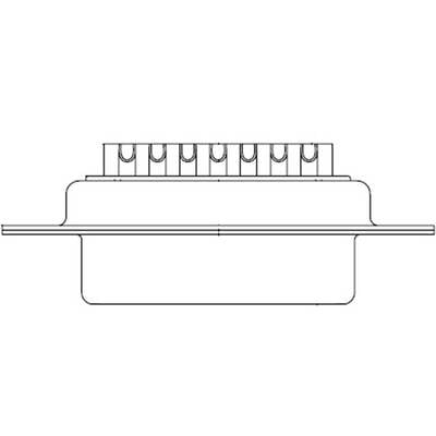 Technische Zeichnung eines elektrischen Steckverbinders mit mehreren Pins in einer Reihe, Seitenansicht.