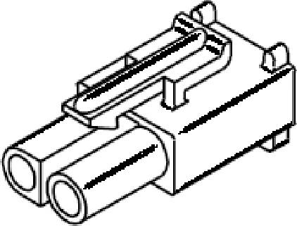 Zeichnung eines optischen SC-Duplexsteckverbinders. Zwei nebeneinander liegende Buchsen für Glasfaserkabel, mit Verriegelungsmechanismus oben.
