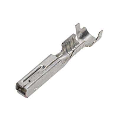 Ein silberner Metallkontaktstecker, verwendet in elektrischen Verbindungen, zeigt einen hakigen oberen Abschnitt und einen rechteckigen unteren Teil.