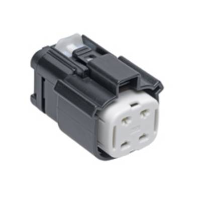Ein schwarzer, rechteckiger Kunststoffstecker mit weißen Pins, geeignet für technische Verbindungen, auf weißem Hintergrund.