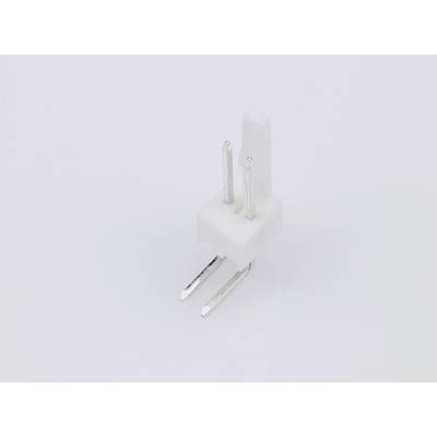 Ein weißer Kunststoffstecker mit zwei metallischen Stiften und zwei metallischen Beinen, die nach unten zeigen, liegt auf grauem Hintergrund.
