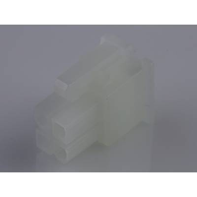 Dreipoliger Kunststoffstecker, transparent und leicht opak, auf grauem Hintergrund.