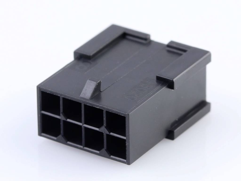 Ein rechteckiger, schwarzer Kunststoffstecker mit sechs quadratischen Öffnungen in zwei Reihen.