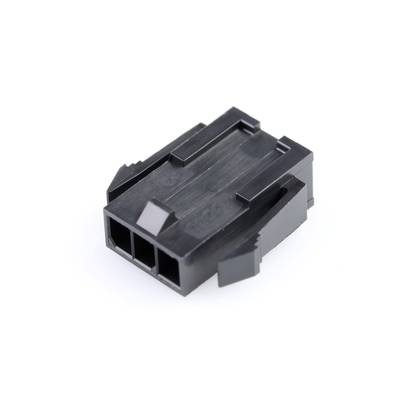 Ein schwarzer, rechteckiger Kunststoffstecker mit drei quadratischen Öffnungen, typisch für elektronische Verbindungen.