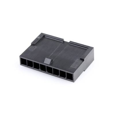 Ein schwarzer, sechspoliger elektrischer Steckverbinder in rechteckiger Form, auf einer weißen Oberfläche liegend.