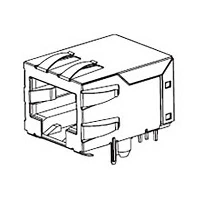 Schwarz-weiß Zeichnung eines RJ45-Steckverbinders, von der Seite und oben sichtbar, zeigt die typischen rechteckigen Formen und Kontakte.
