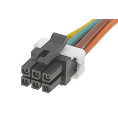 Schwarzer 6-poliger Stecker mit farblich markierten Kabeln (gelb, grün, rot, orange), zeigt Anschlüsse und Verkabelungsdetails.