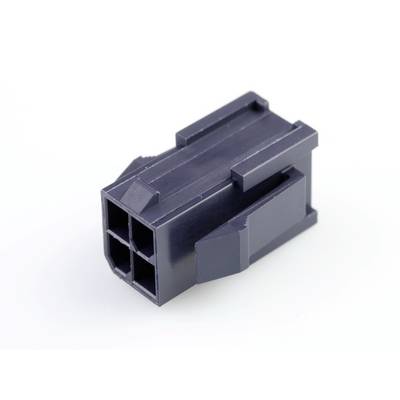 Ein schwarzer, rechteckiger Kunststoffstecker mit vier Öffnungen, der auf einer weißen Oberfläche liegt.