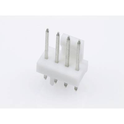 Ein weißer Kunststoffstecker mit fünf langen silbernen Metallstiften, die in einer Reihe angeordnet sind. Hintergrund ist weiß.