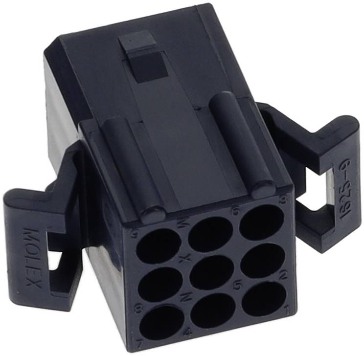 Ein schwarzes 8-poliges Elektrosteckergehäuse mit zwei Seitenklemmen, gekennzeichnet mit „MOLEX 6-25", das für Kabelverbindungen in elektronischen Geräten verwendet wird.