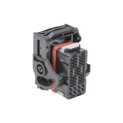 Ein schwarzer Plastikstecker mit mehreren Pins und einem roten Dichtungsring; dient zur elektrischen Verbindung von Komponenten.