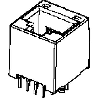 Ein elektrischer Steckverbinder im quadratischen Format mit mehreren hervorstehenden Anschlusspins an der Unterseite.