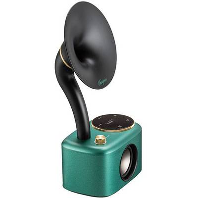 Ein grüner, retroähnlicher Bluetooth-Lautsprecher mit grammophonartigem Horn. Goldene Bedienelemente auf der Oberseite.