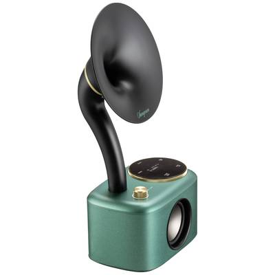 Ein grüner, rechteckiger Bluetooth-Lautsprecher mit Retro-Design. Ein schwarzer, geschwungener Lautsprecher-Trompetenaufsatz.