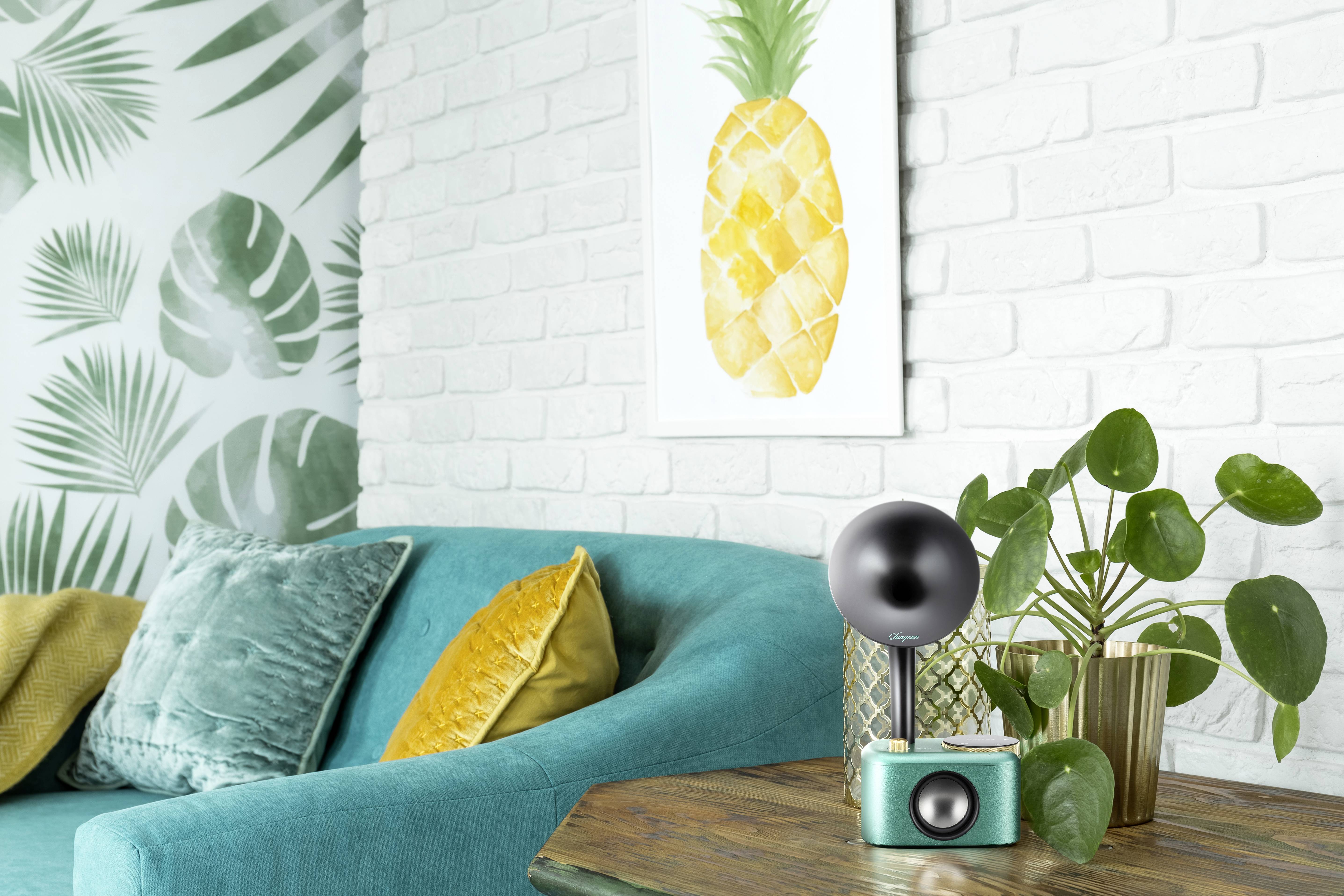Ein Wohnzimmer mit türkisfarbenem Sofa, grünen Kissen, Pflanzen und einem Foto mit Ananasmotiv.