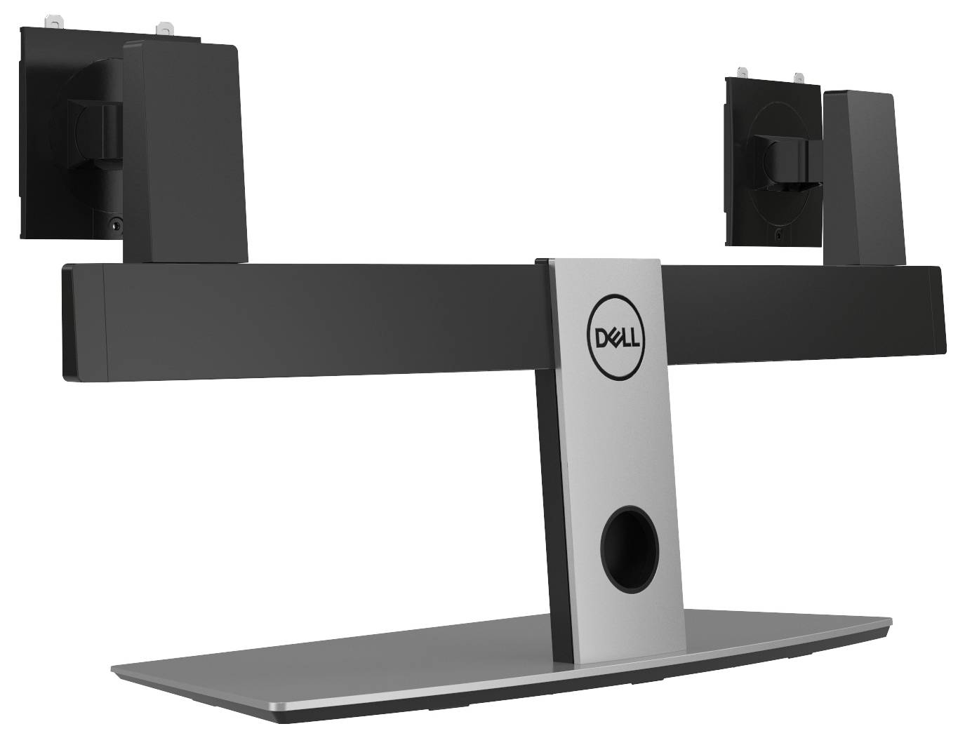 Dell Doppelmonitorständer mit verstellbaren Halterungen, entwickelt zum Halten von zwei Monitoren für einen ergonomischen und effizienten Arbeitsplatzaufbau.