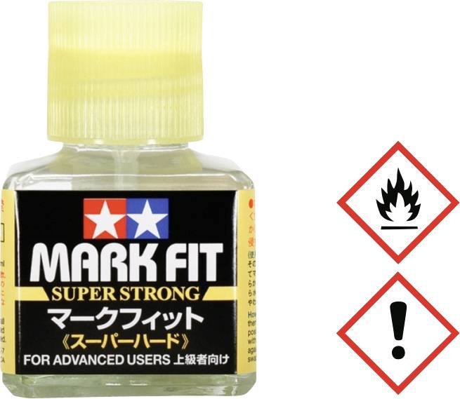 'Mark Fit Super Strong' Flasche für fortgeschrittene Benutzer. Enthält Warnsymbole: Gefahr von Feuer und Reizung.