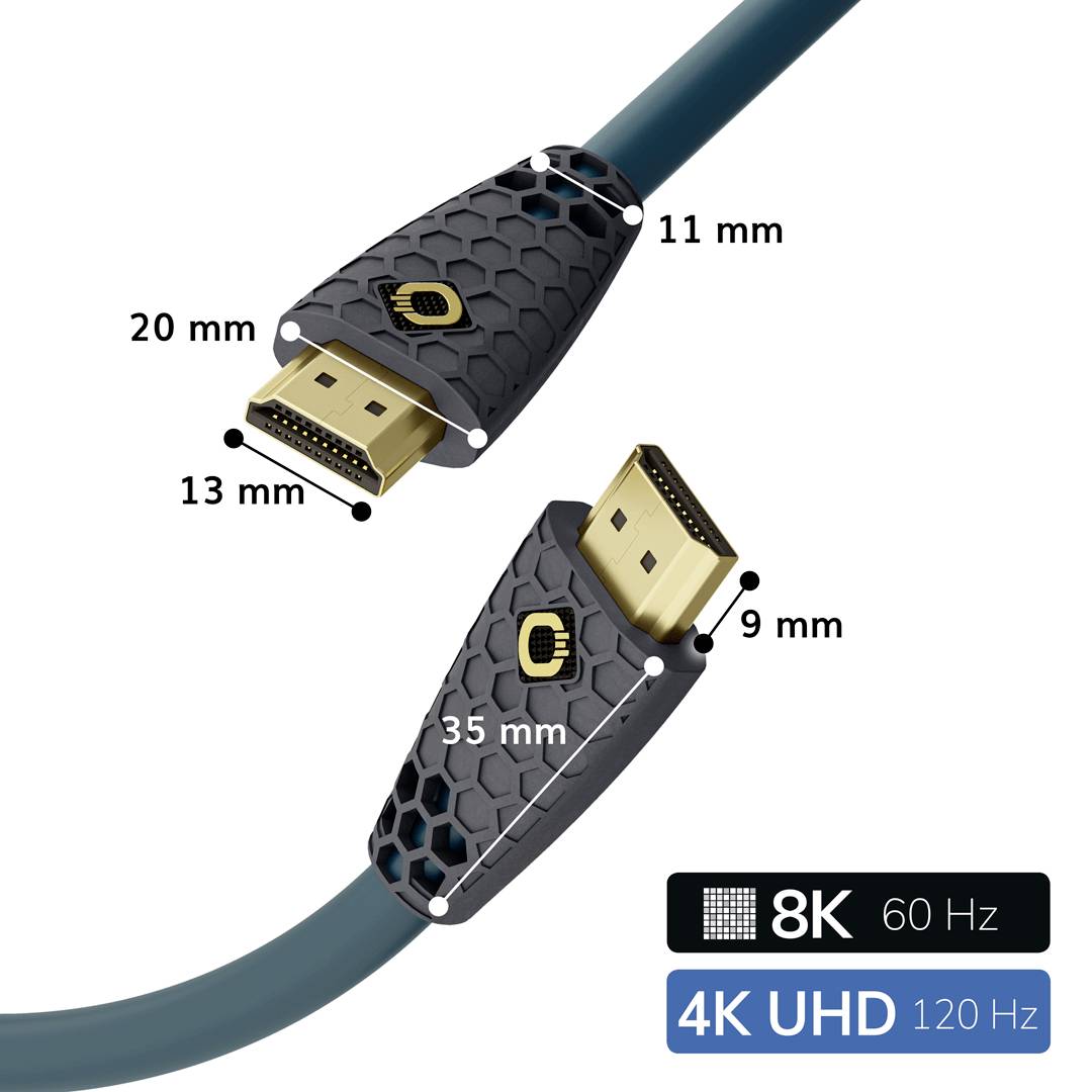 Nahaufnahme eines HDMI-Kabels mit den Maßen der Anschlüsse und der Fähigkeit, 8K bei 60 Hz und 4K UHD bei 120 Hz zu unterstützen.