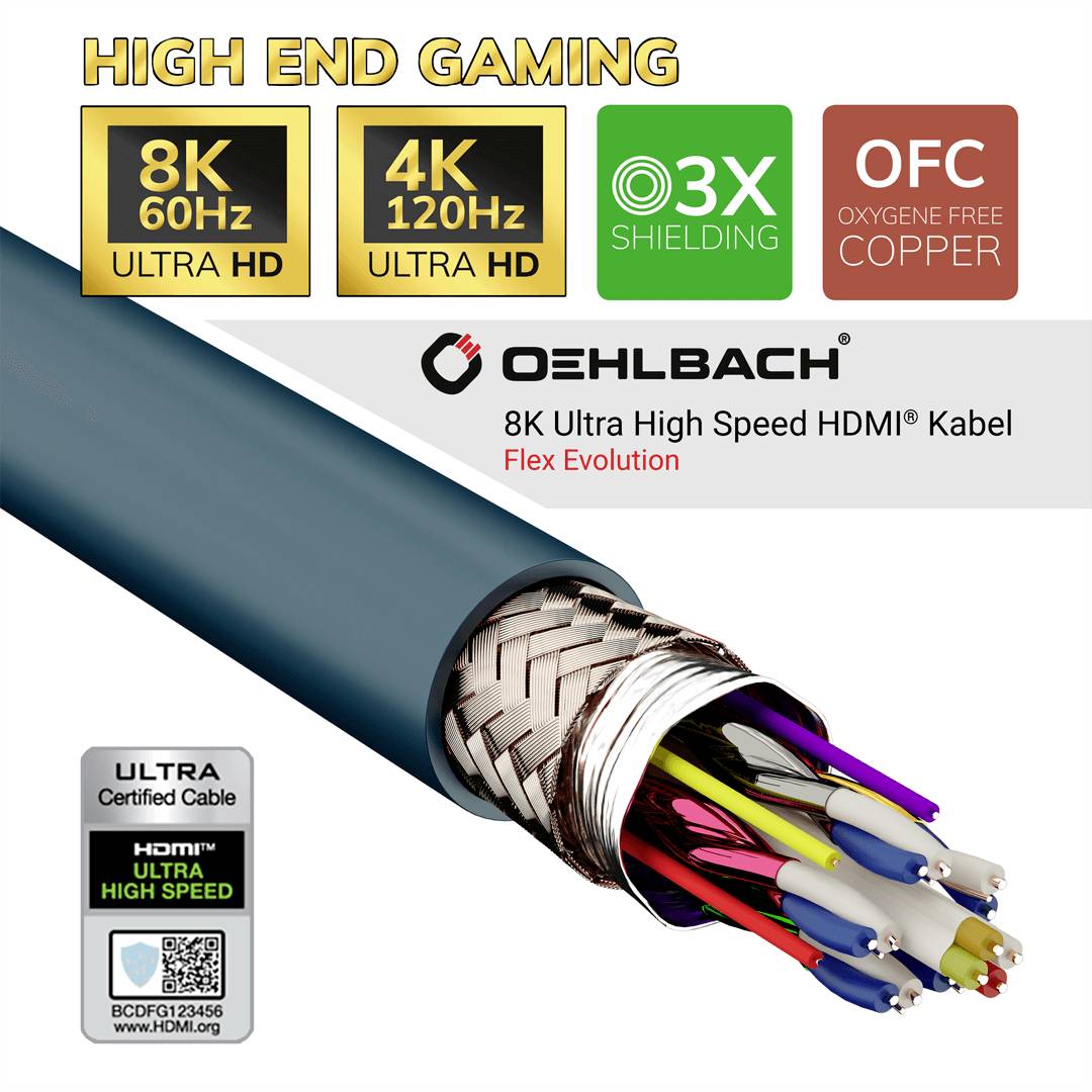 Ein 8K Ultra High Speed HDMI-Kabel mit Flex-Engineering. Eigenschaften: 8K 60Hz, 4K 120Hz, 3-facher Schutz, OFC-Kupfer, zertifiziert.
