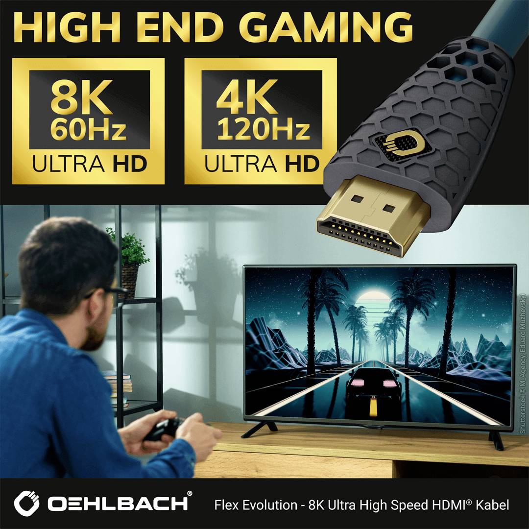 'High End Gaming' HDMI-Kabel-Werbung mit '8K 60Hz Ultra HD' und '4K 120Hz Ultra HD'. Mann betrachtet Spielszene auf Fernseher.