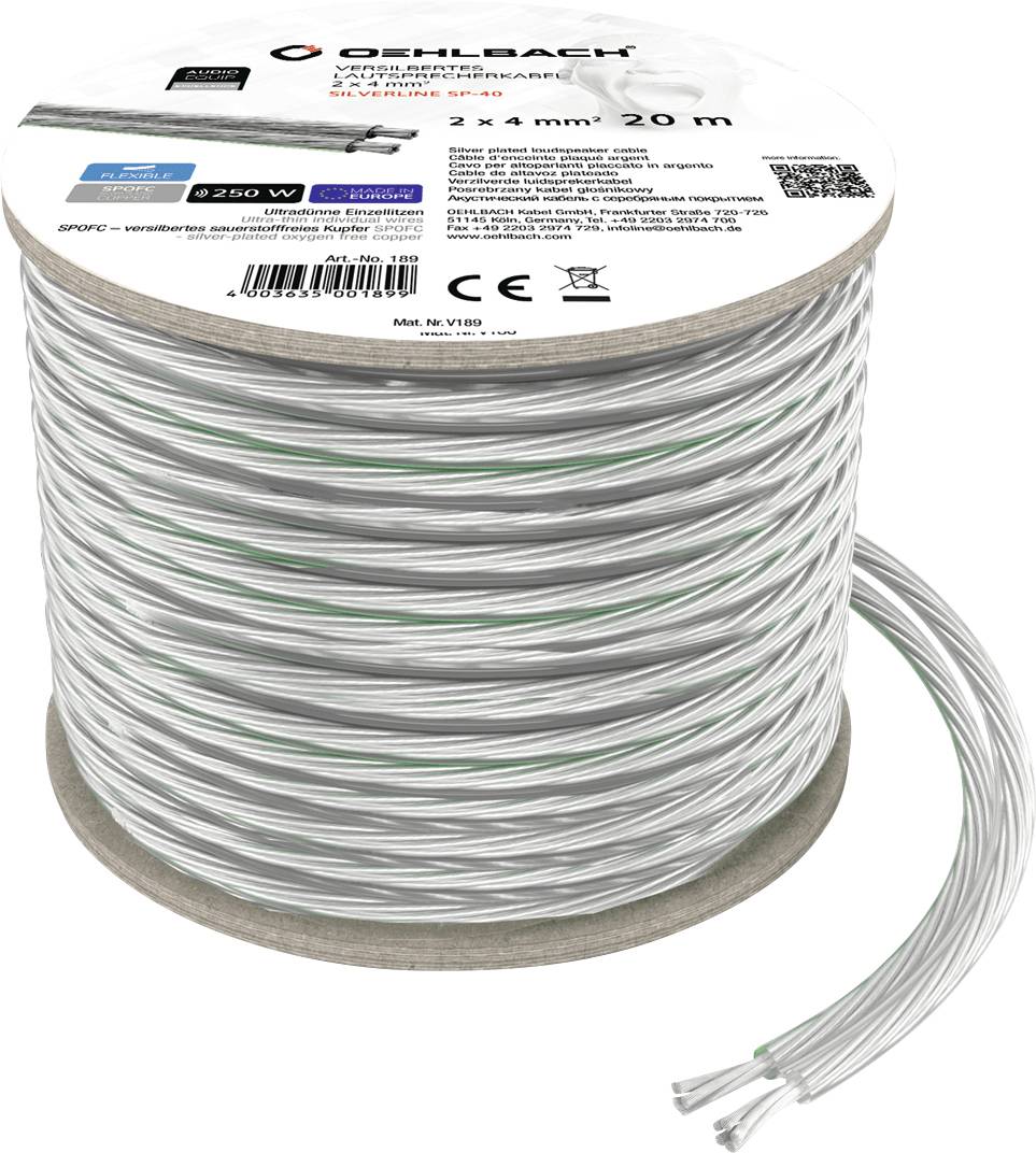 Eine Rolle transparentes Lautsprecherkabel von Oehlbach, Länge 20 Meter, 2 x 4 mm². Auf der Verpackung diverse technische Daten.