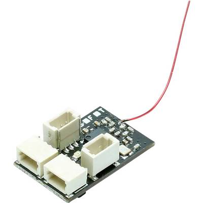 Eine kleine, rechteckige elektronische Platine mit drei weißen Steckverbindern und einem roten Kabel.