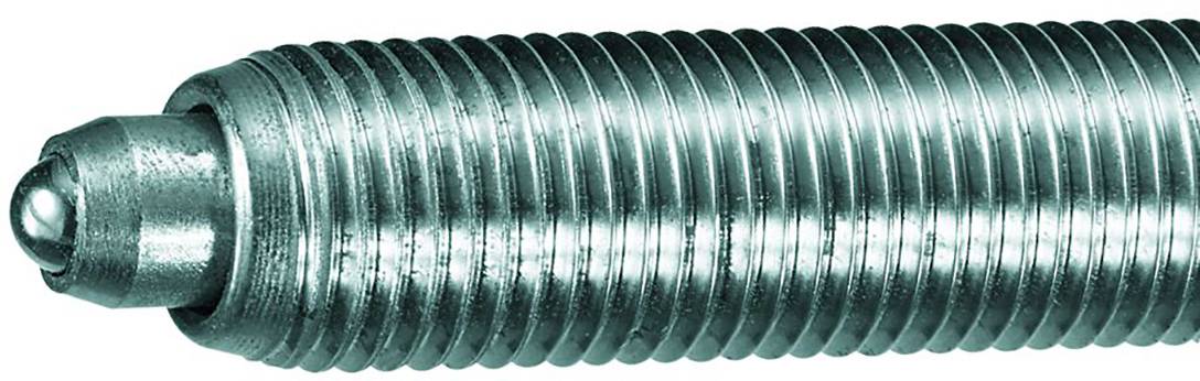 Nahaufnahme eines silbernen, gerillten Metallstabs mit einer abgerundeten Spitze. Der Stab ist horizontal im Bild zentriert.