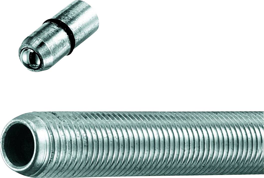 Metallischer Schlauch mit geripptem Design; obere Ecke zeigt Detailansicht eines Endstücks mit kugelförmigem Abschluss.