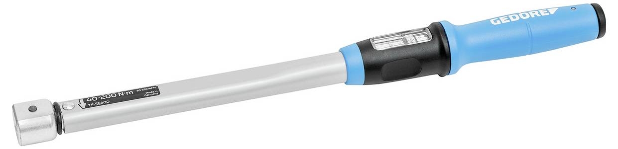 Drehmomentschlüssel mit blau-schwarzem Griff, der eine numerische Anzeige zur Messung der Krafteinwirkung zeigt.