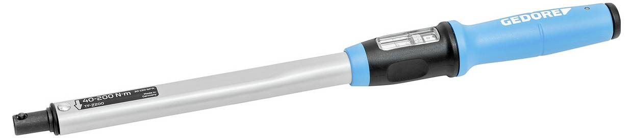 Ein blauer und silberner Drehmomentschlüssel mit digitaler Anzeige und dem Markennamen 'GEDORE' darauf.