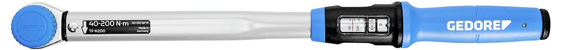 Ein blau griffiger, silberner Drehmomentschlüssel mit digitaler Anzeige, die '10 Nm' und die 'GEDORE'-Markierung am Griff zeigt.