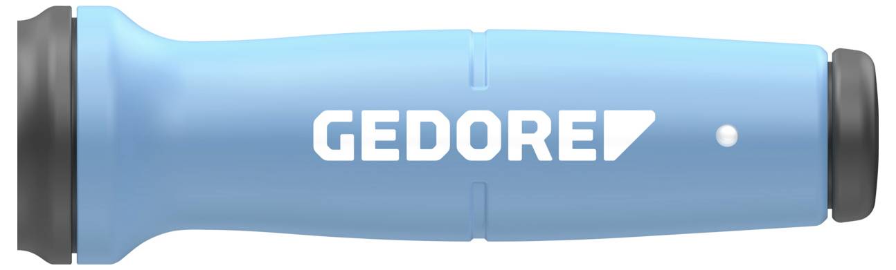 Ein blauer ergonomischer Schraubendrehen-Griff mit 'GEDORE' Logo, der ein nahtloses Design für einen komfortablen Griff und effiziente Nutzung aufweist.