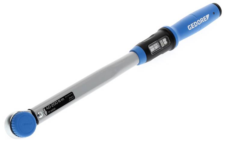 Ein blauer und silberner Drehmomentschlüssel der Marke 'GEDORE', entwickelt für präzises Anziehen. Die Anzeige zeigt einen einstellbaren Bereich von 40-200 Nm.