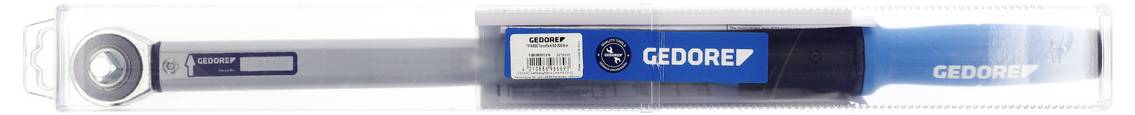 Ein 'Gedore' Drehmomentschlüssel in durchsichtiger Verpackung, mit digitaler Anzeige und blauem Griff.