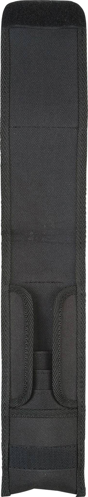 Schwarzes Messeretui mit vertikaler Öffnung, geeignet für die Aufbewahrung eines Messers oder Werkzeugs.