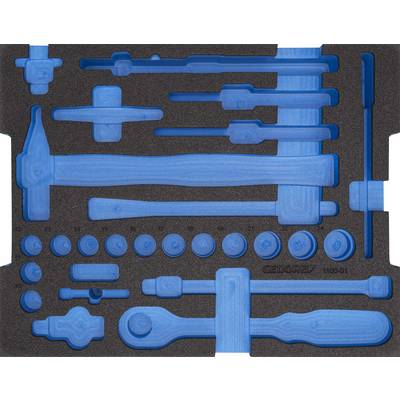 Schwarzer Werkzeugkoffer-Inneneinsatz mit blauen Aussparungen für verschiedene Handwerkzeuge wie Hämmer, Schraubenschlüssel und Stecknüsse.