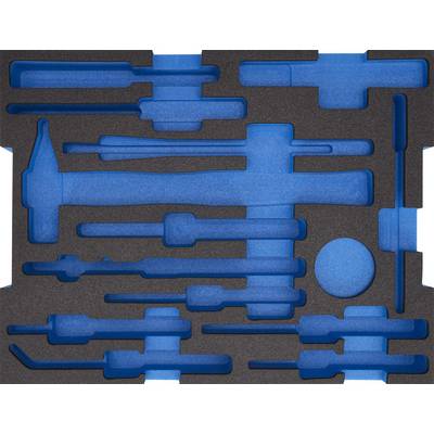 Formeinsatz mit blauen Vertiefungen; enthält verschiedene Werkzeugformen, unter anderem Hammer und Schraubendreher, in schwarzem Schaumstoff.